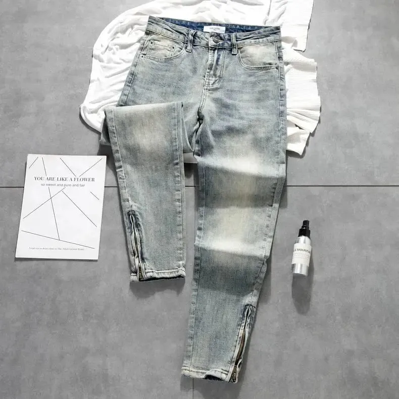 Cargo Old Retro Light-colored Trousers Zipper Jeans Men's New Trendy Elastic Slim-fitting Small-footed Trousers Denim Man Pants — image 2