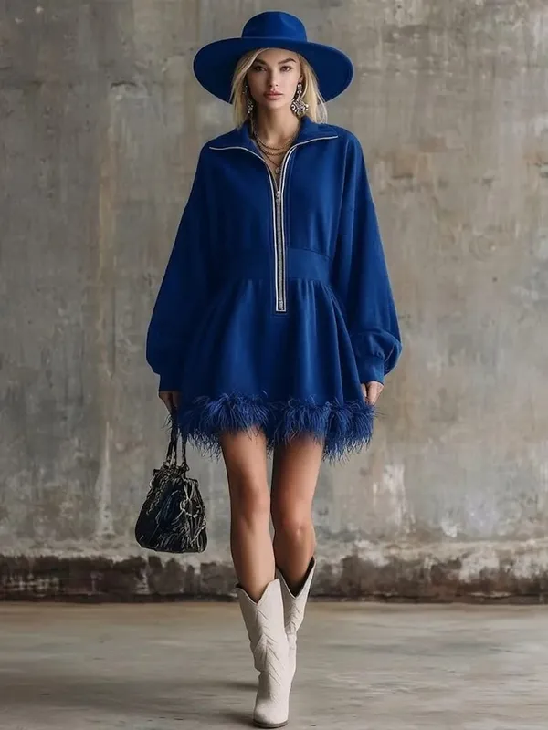 Fashion Dress Autumn Winter Casual Solid Color Simple Street Style Long Sleeved Zipper V-neck Feather Edge Cinched Waist Dresses
