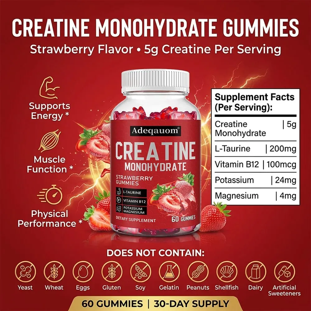 Creatine Monohydrate Gummies 5000mg Pre & Post Workout Support for Muscle Strength & Recovery Build Muscle Mass Vegan