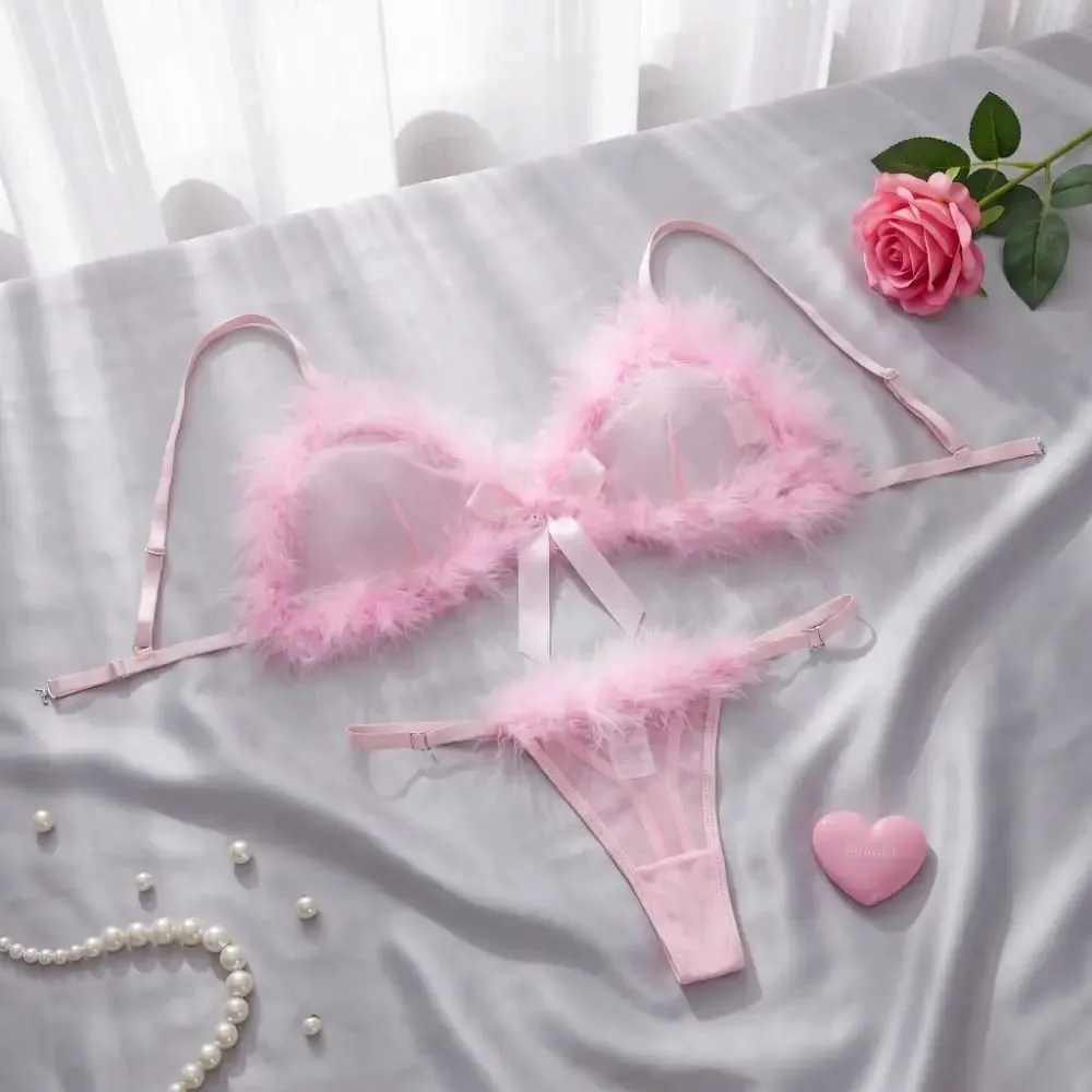 New Year Furry Women's Underwear Mesh Transparent Bow Decor Lingerie Set Romantic Intimate Wireless Bra Panties Suit Anniversary