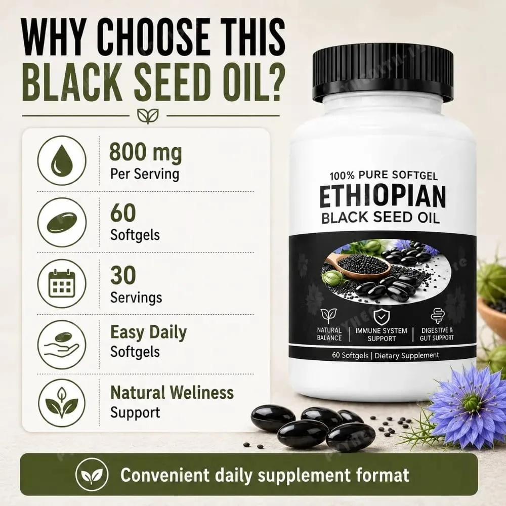 Ethiopian Black Seed Oil Softgels 800mg Cold Pressed Nigella Sativa Immune Digestive Gut Support Supplement 60 Count Non-GMO