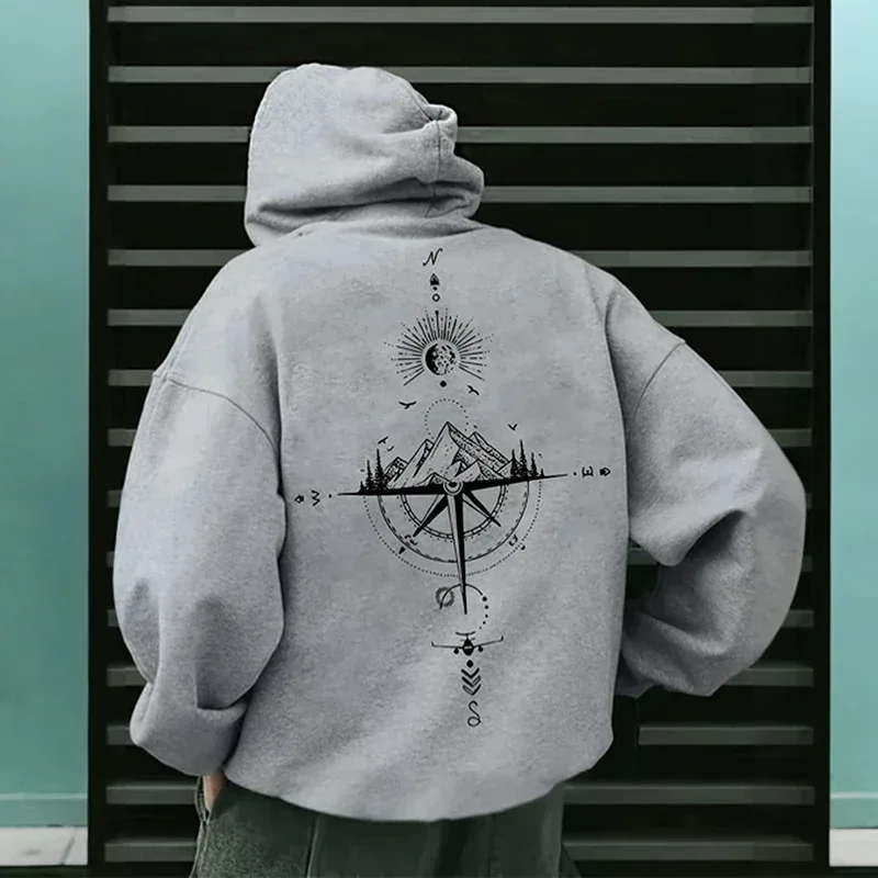 Vintage Compass Print Hoodies for Men High Quality Hooded Long Sleeve Pullover All Season Daily Casual Sports Tops Men's Clothes