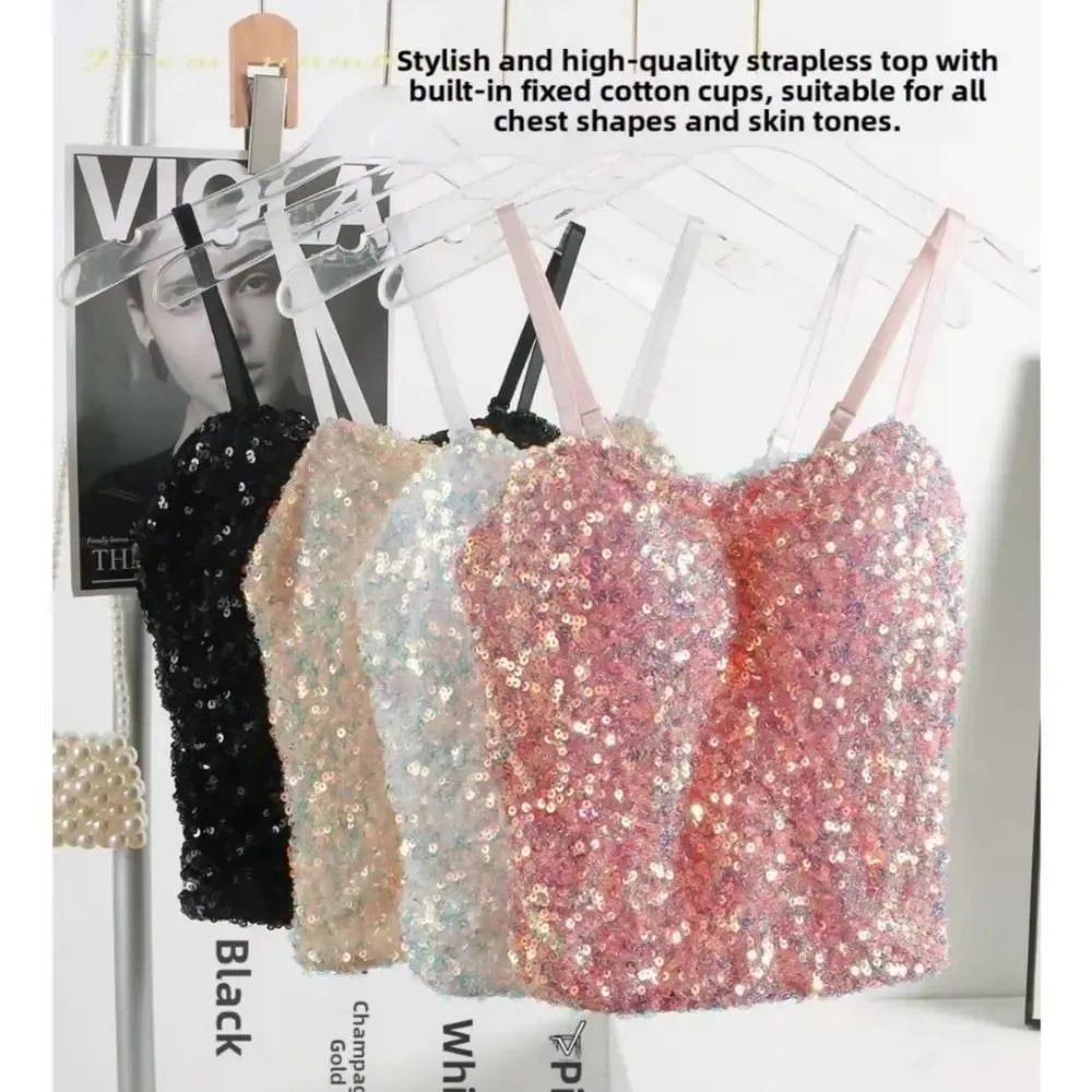 Shiny Sequin Sequin One-Piece Tank Top Fixed Wrap Chest High Elasticity Backless Vest Underwear Short Base Layer Vest Top Summer