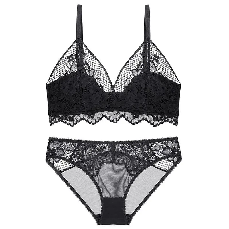 Summer Trendy French Lace Mesh Triangle Bra Set Wire-Free Transparent Breathable Lingerie 3D Draping for Perfect Shape & Comfort