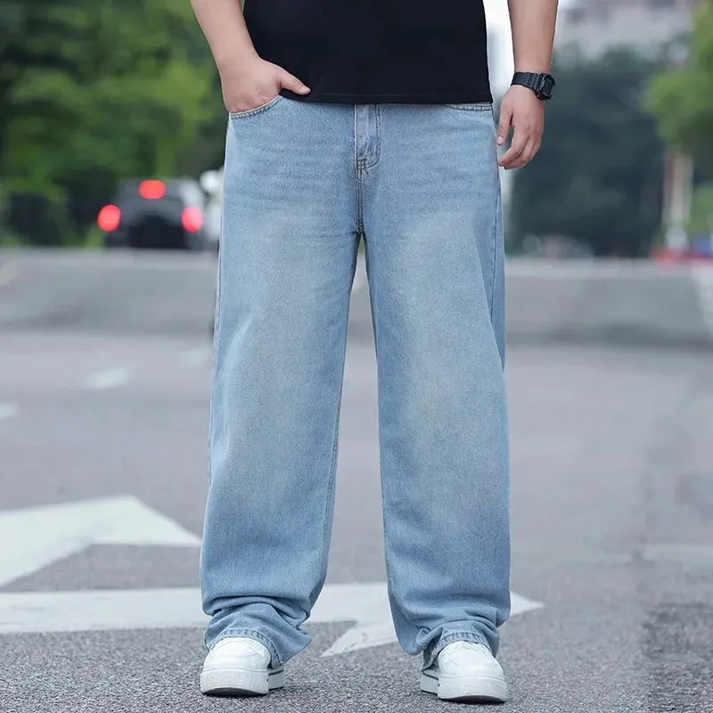 Plus Size Men's High Waist Straight Leg Jeans Four Seasons Loose Baggy Denim Trousers Casual Versatile Long Pants New