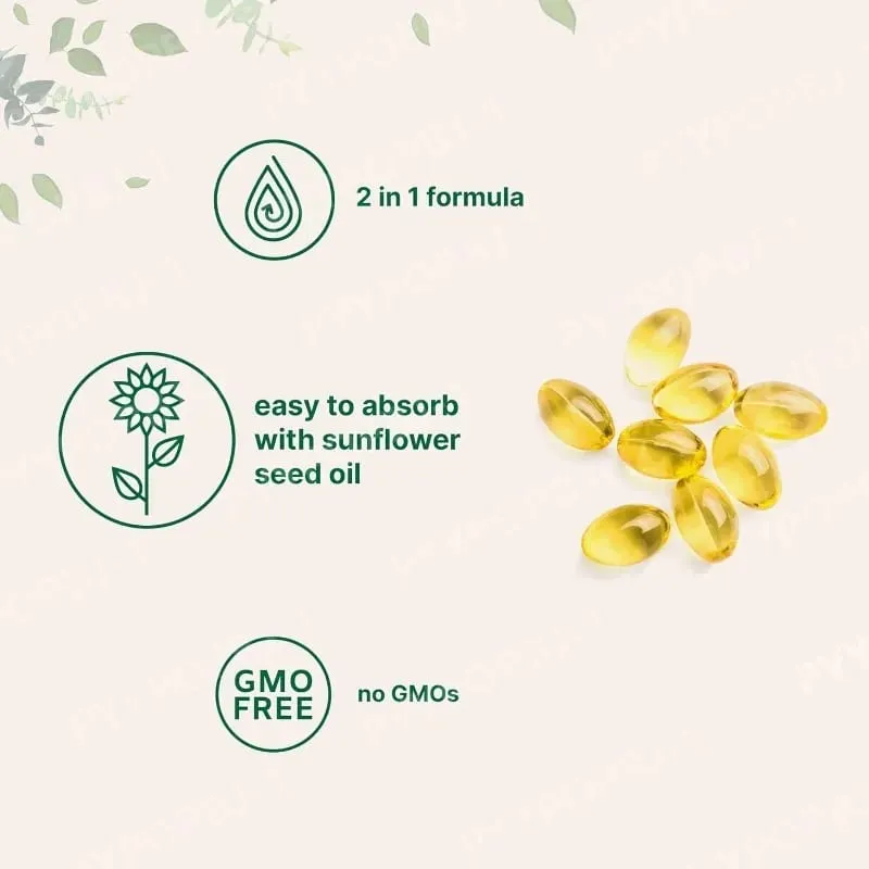 2-in-1 Vitamin D3+K2 Capsules with 5 000 IU D3 and 100mcg K2 180 Count Diet Supplement Maintain Daily Health & Enhance Immunity