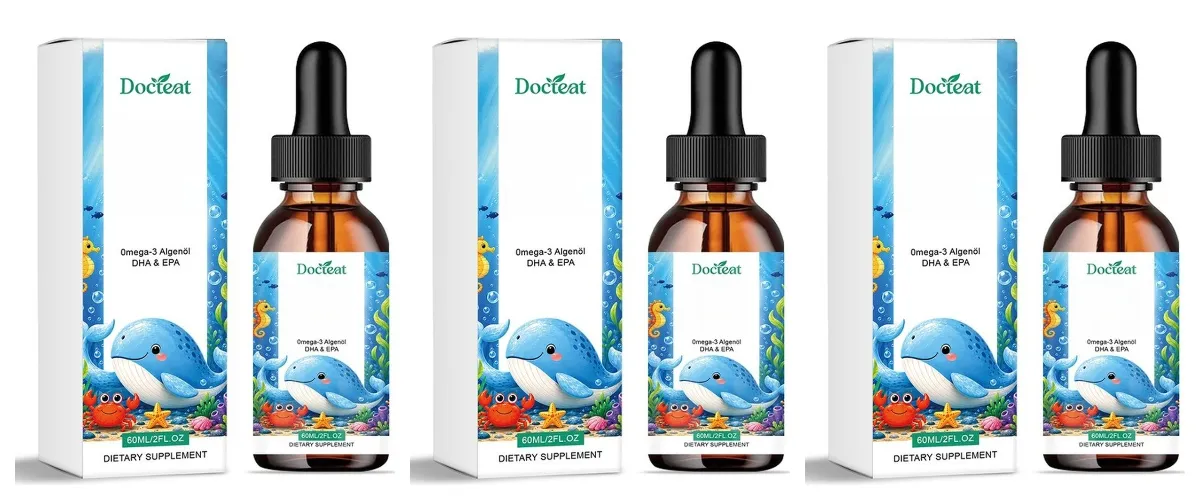 Docteat pflanzliches Omega-3-Algenöl, DHA, EPA, flüssige Tropfen, Gehirngesundheit für Kinder, vegan, gentechnikfrei, tägliche Ernährung, Orange, 60 Portionen