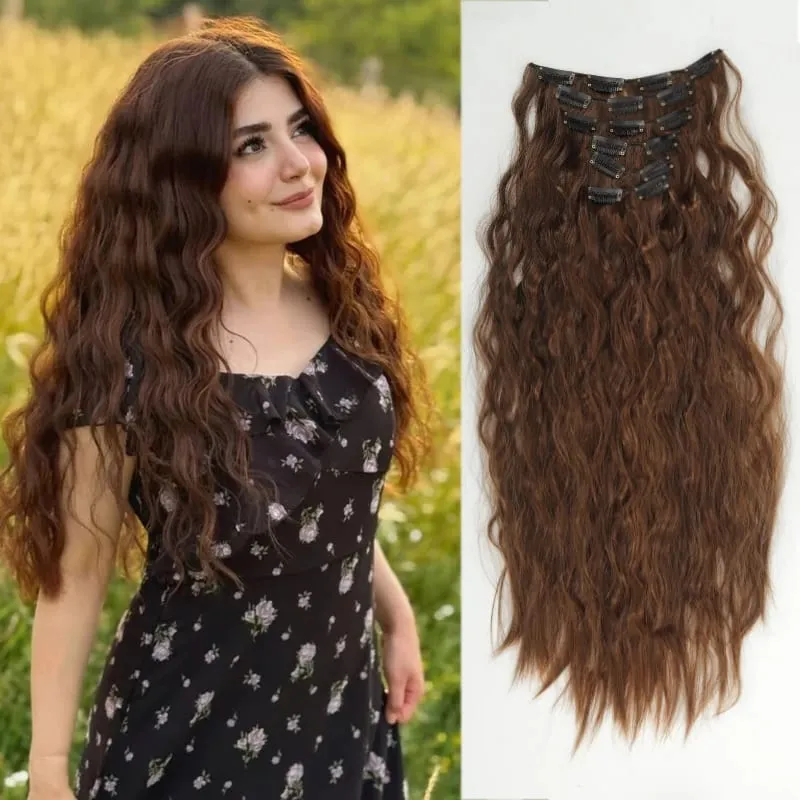 6PCS Clip In Hair Extensions 24" Black Brown Hair Extension Long Mermaid Waves Synthetic Clip On Hairpiece For Women
