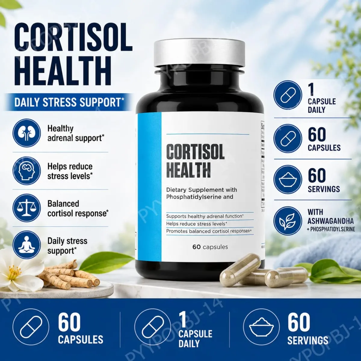 Cortisol Health Capsules with Phosphatidylserine Magnesium 60 Capsules Non-GMO Daily Calm Sleep Support for Adults Men Women