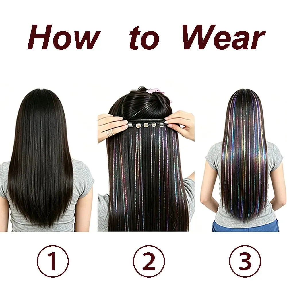 24Inch Synthetic Long Straight Clip‑in Hair Extensions Sparkling Tinsel Hair High‑Temp Fiber Hairpiece for Women Party Cosplay