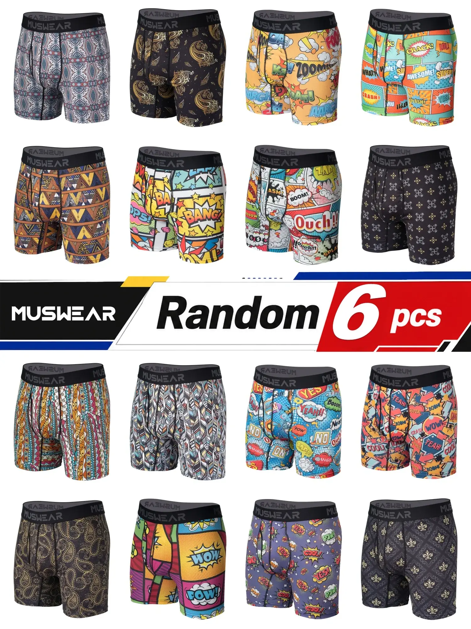 6pcs Men's Boxer Briefs Side Opening Double-Sided Brushed High Elasticity Quick-Drying All-over Print Underwear
