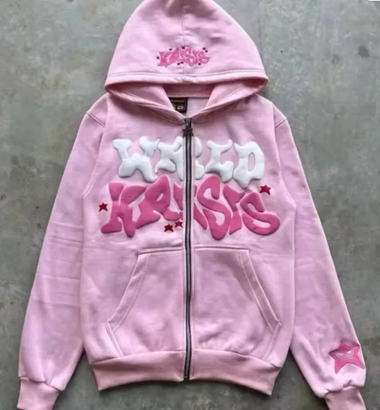 Zipper hooded sweatshirt with retro American letters suitable for men and women wearing Y2K jacket autumn/winter cardigan