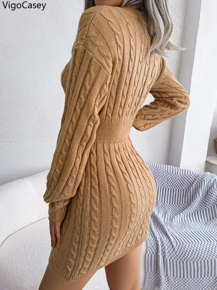 VigoCasey 2026 V Neck Casual Short Knit Dress Autumn Winter Women Solid Long Sleeve Dress Lady Khaki Bodycon Knitted Dresses