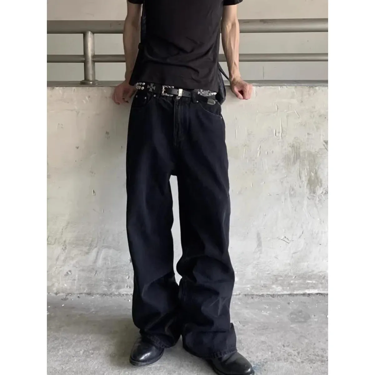 Retro American Style Embroidered Black Original Jeans Men's Loose Straight Leg Jeans Youth Fashion Cotton Polyester Blend — image 4