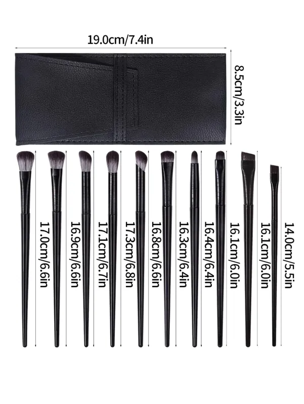 10-delt øjenmakeup børstesæt: Eyeliner øjenskygge Aegyo-sal børster med en PU læder makeup børstepose