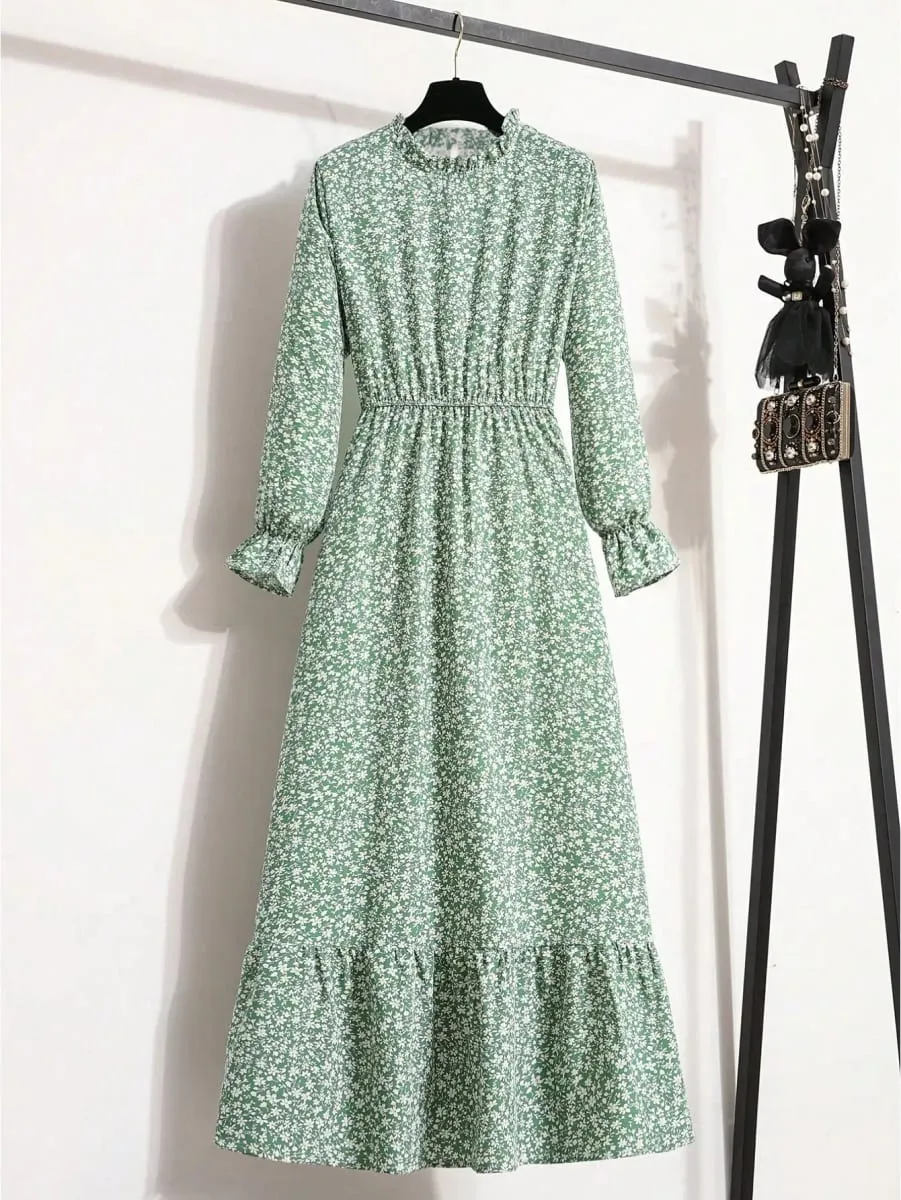 Women's Loose Midi Dress 2026 Casual 100% Polyester Ditsy Floral Print Long Sleeve with Ruffle Neck Elastic Waist & Ruffle Hem