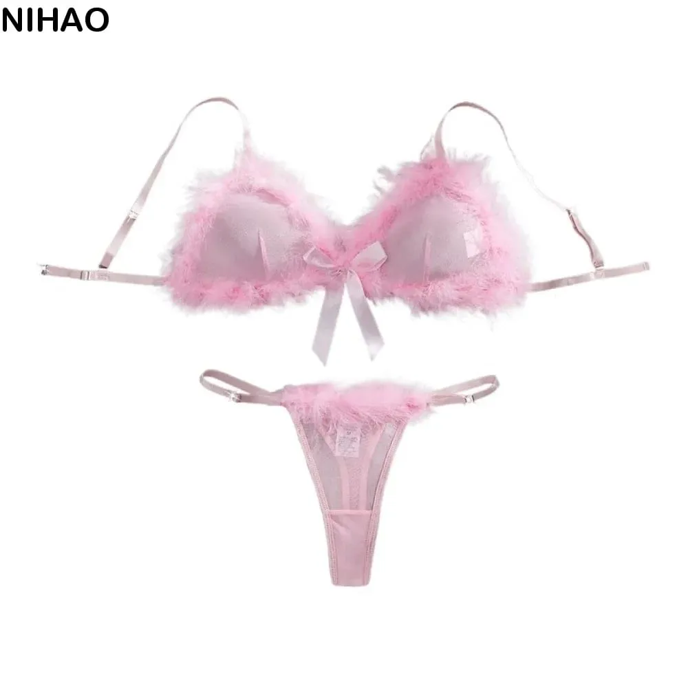 Sweet Furry Women's Underwear Mesh Transparent Wireless Lingerie Set Romantic Intimate Bow Decor Bra Panties Suit Home — image 2