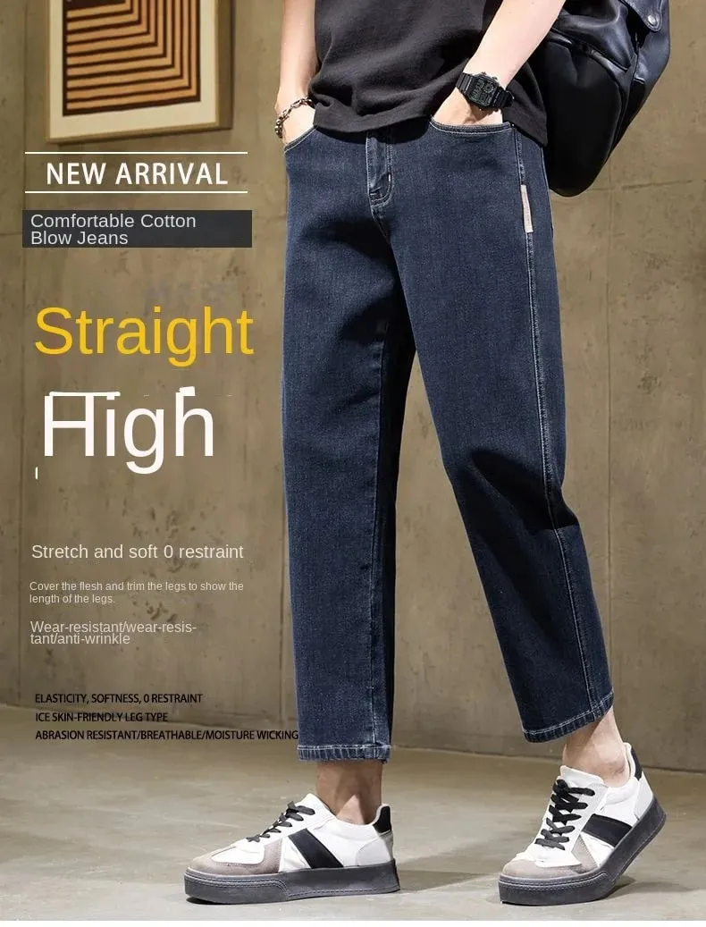 Men's Baggy Straight Leg Jeans Casual Stretch Denim 9-Length Comfortable Loose Trousers Spring Autumn Versatile Wide-Leg Pants