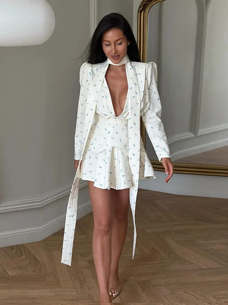 Elegant Printed Women's Dress Long Sleeve V-Neck Lady Mini Dresses With Waist-Tape 2026 Summer Chic Female Vacation Holiday Robe — image 5