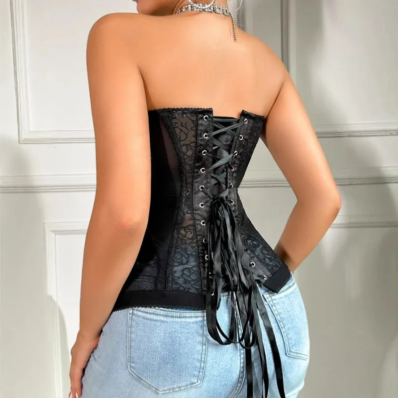 Spicy Girl Sexy Tight Corset Sexy Lace Patchwork See Through Top Sleeveless Off-shoulder Summer Fashion Women Street Trendy Tank