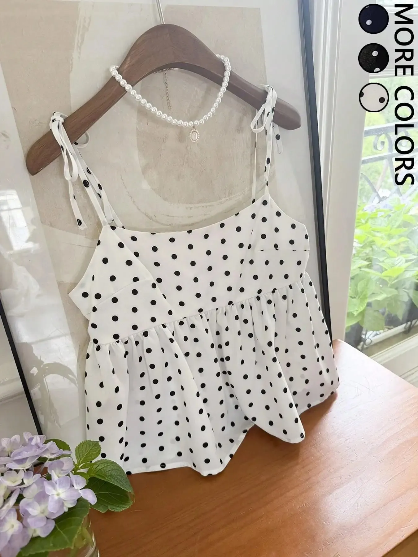 Women's Polka Dot Crop Cami With Spaghetti Straps And Flared Hem Polka Dot Camisole Babydoll Top Babydoll Tops Polkadot Top Cute — image 5