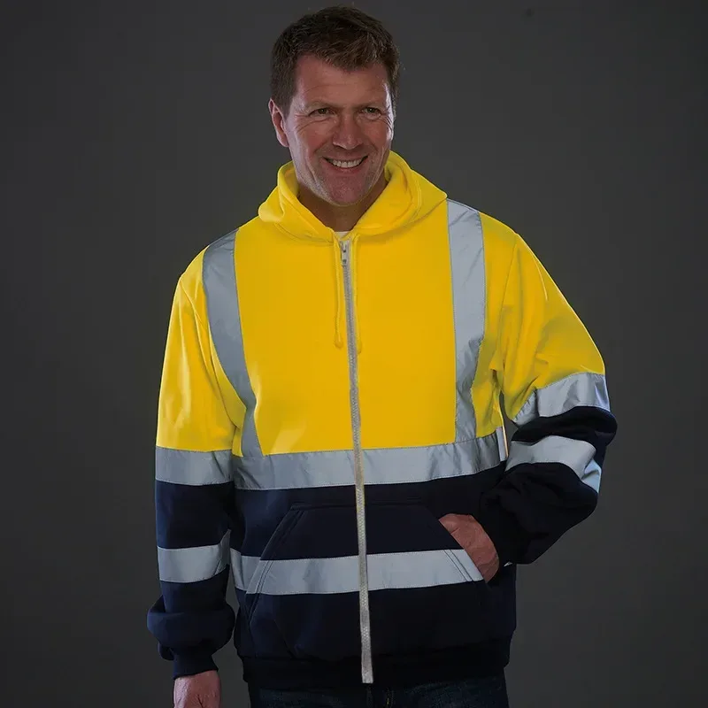 Reflective Work Safety Men Hoodies Drawstring Loose Zipper Jacket Autumn Thin Fleece Hooded Pullover Coat Casual Work Sweatshirt