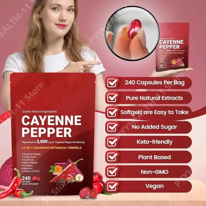 Supplément de gélules au poivre de Cayenne avec pépins de raisin betterave curcuma vitamines D3 K2 à base de plantes soutient la santé des vaisseaux sanguins des veines des jambes