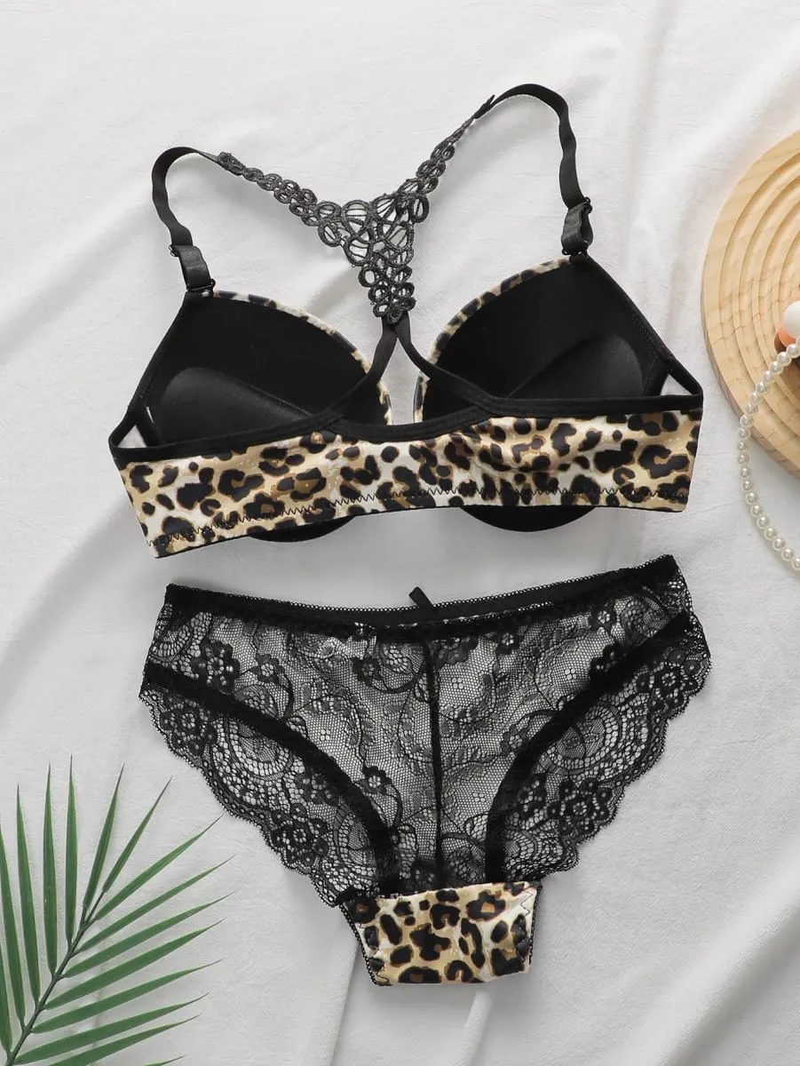 Souprava podprsenky s leopardím vzorem se zapínáním vpředu a s kosticí Push Up spodní prádlo pro ženy Sexy krajkové dvoudílné oblečení Bralette a kalhotky