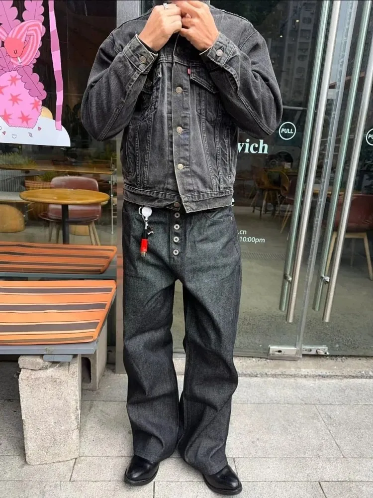 Mens Jeans Harajuku Summer Hong Kong Style Letter Print Denim Pants Hip Hop Ins High Street Trendy Loose Cool Fashion Trousers