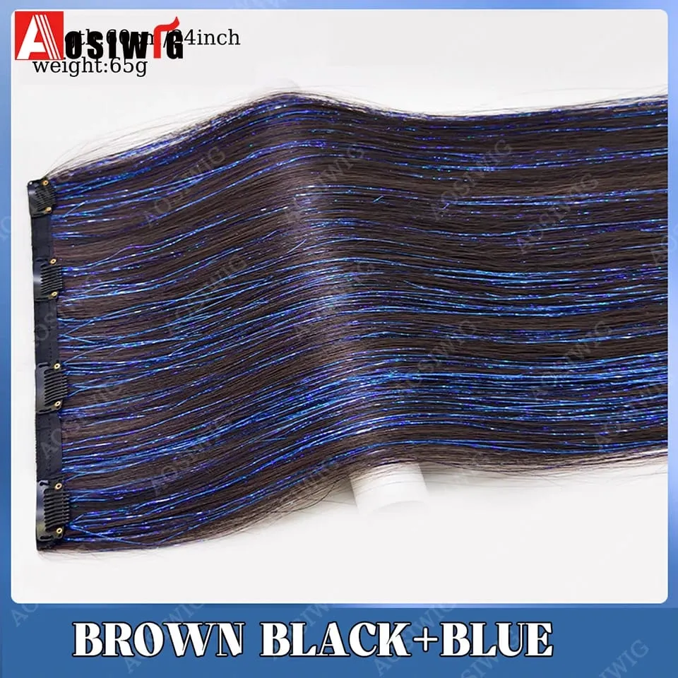 Blue Glitter Tinsel Clip in Hair Extensions One Piece Straight Synthetic Hairpiece with Sparkle Strands for Women Party Daily