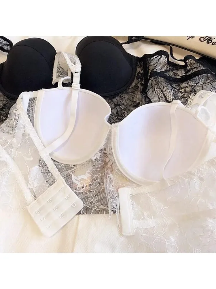 Women's Sexy See Through Lace Backless Lingerie Set Push Up Plunge Bra Wireless Soft Steel Ring Lightweight Comfort Summer S-XL