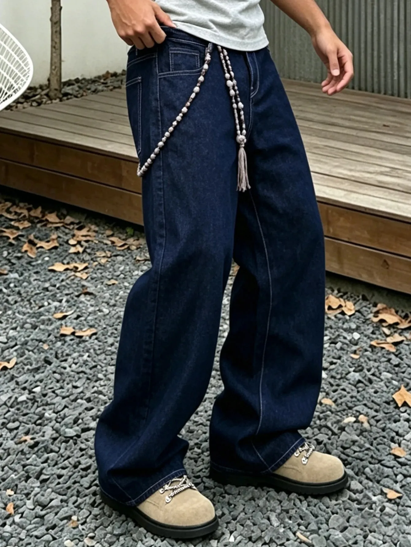 Denim Blue Dark Topstitched Wide-Leg Jeans Are the Same for Men and Women. They Are High-Waisted Loose and Floor-Length. They A — image 3