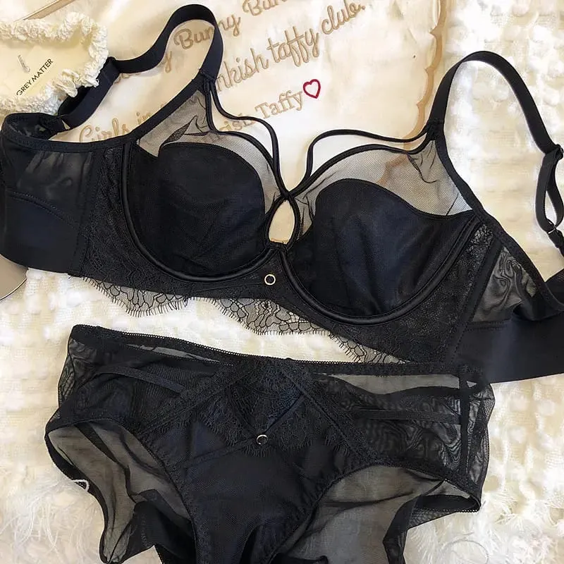 Sexy Hollow Bra Briefs Set Women Lace High Quality Underwear French Thin Cup Adjustment Type Push Up Bras Mesh Lingerie Sets