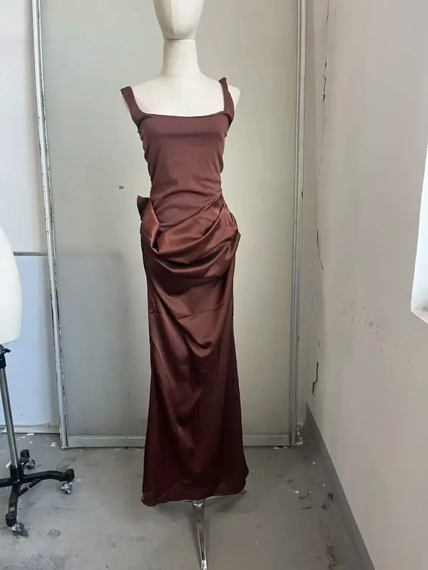 Women Pleated Sleeveless Maxi Dress Summer Solid Slim Fit Square Neck Corset Style Dresses Flady Fashion Evening Party Gowns