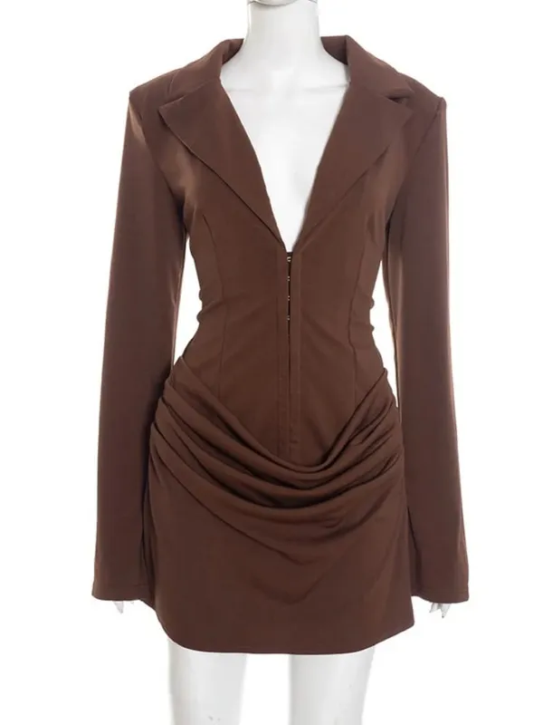 Chaxiaoa Long Sleeve Deep V Neck Ruched Sexy Mini Dress Women Autumn Winter Fashion High Waist Club Party Blazer Dresses Female