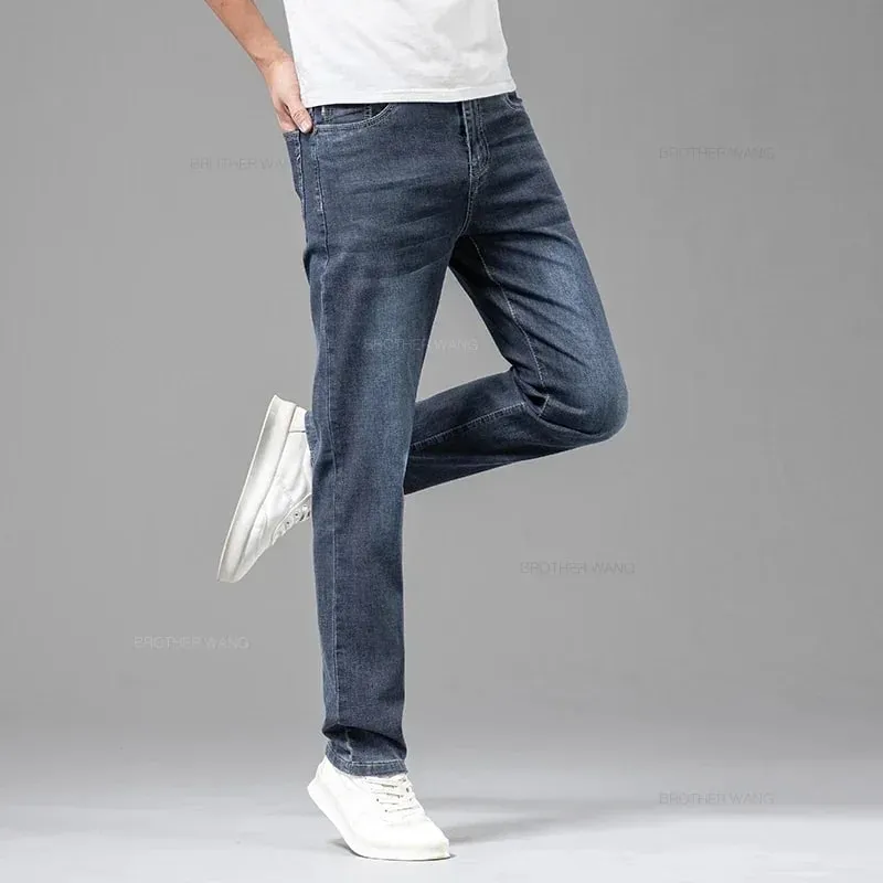 Summer Brand Men's Fit Straight Lightweight Cotton Stretch Jeans Business Casual High Waist Thin Light Grey Jeans mens pants