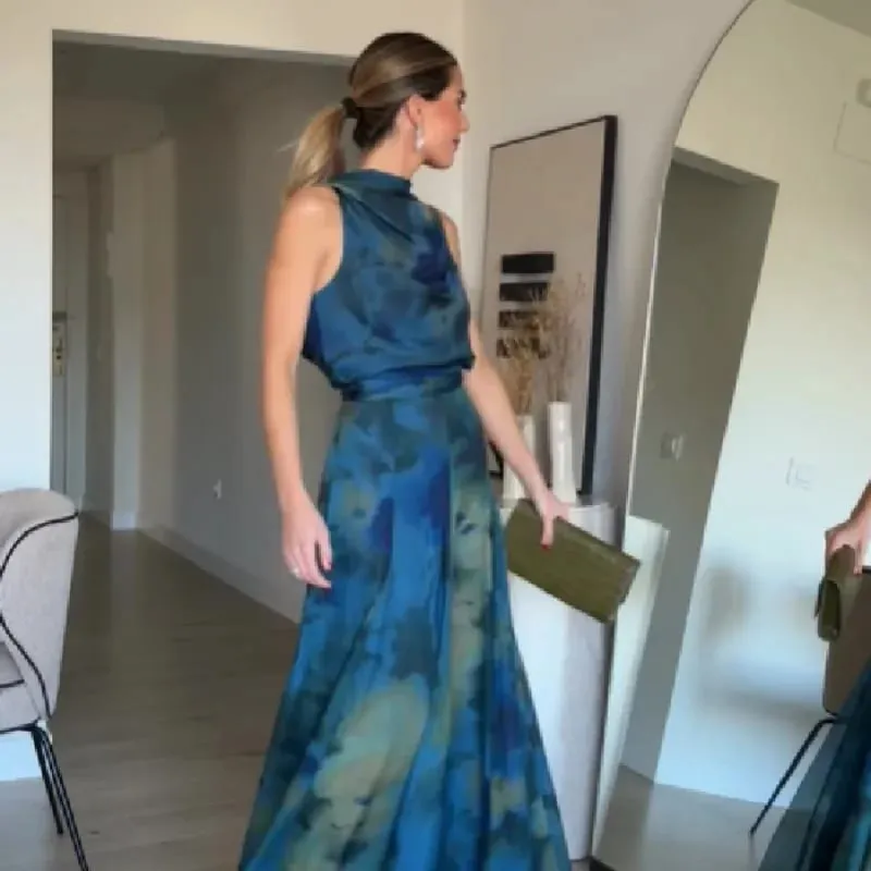 Women's Elegant Blue Watercolor Print Maxi Dress Sleeveless Cowl Neck Satin Formal Evening Gown A-line Floor Length Party Dress