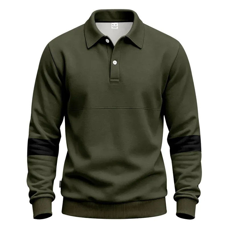 Men Lapel Polo Sweatshirt, Color Block Long Sleeve Pullover, Loose Solid Casual Top for Spring Autumn Daily Outfit