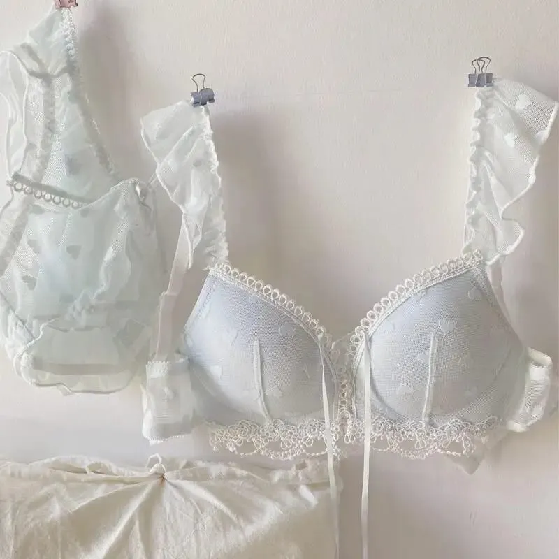 Japanese Kawaii Lingerie Set Small Chest Sweet Heart Print Wireless Bralette & Panty Set Comfortable Anti-Sagging Bra for Women