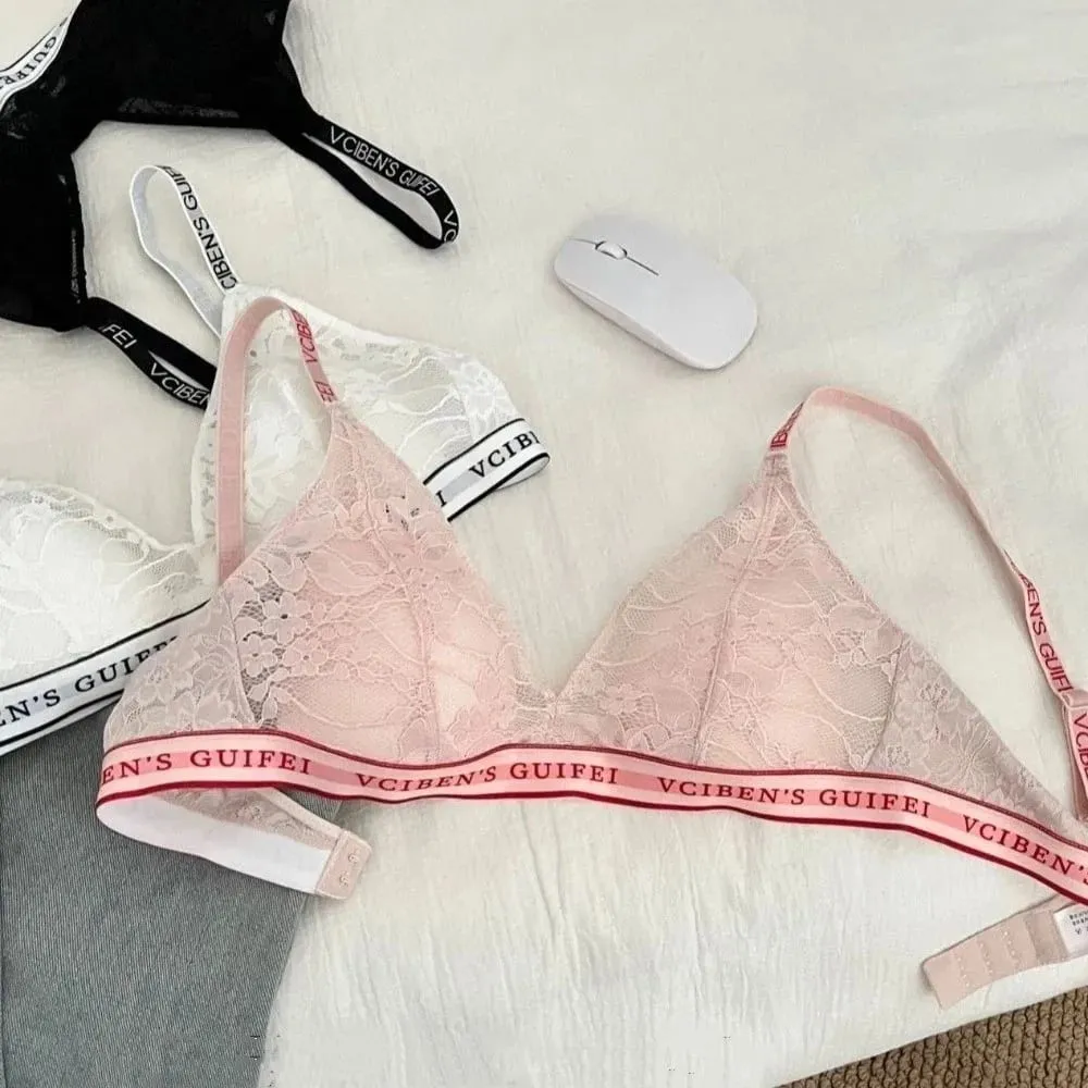 Fashion Letter Design Lingerie Set Deep V Wireless Women Underwear Suit Color Blocking Lace Bra Panties Set Gift