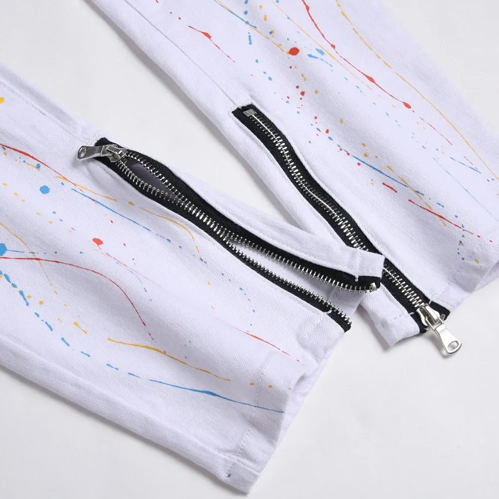 Men Painted Stretch Denim Jeans Zippers Buttons Fly Biker Pants Streetwear White Slim Tapered Trousers