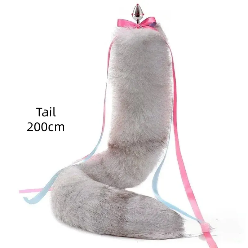 200cm Soft Real Fur Fox Tail Anal Plug with Split Design Metal Butt Plug for Women Cosplay Costume Flirt Sensory Sex Toys