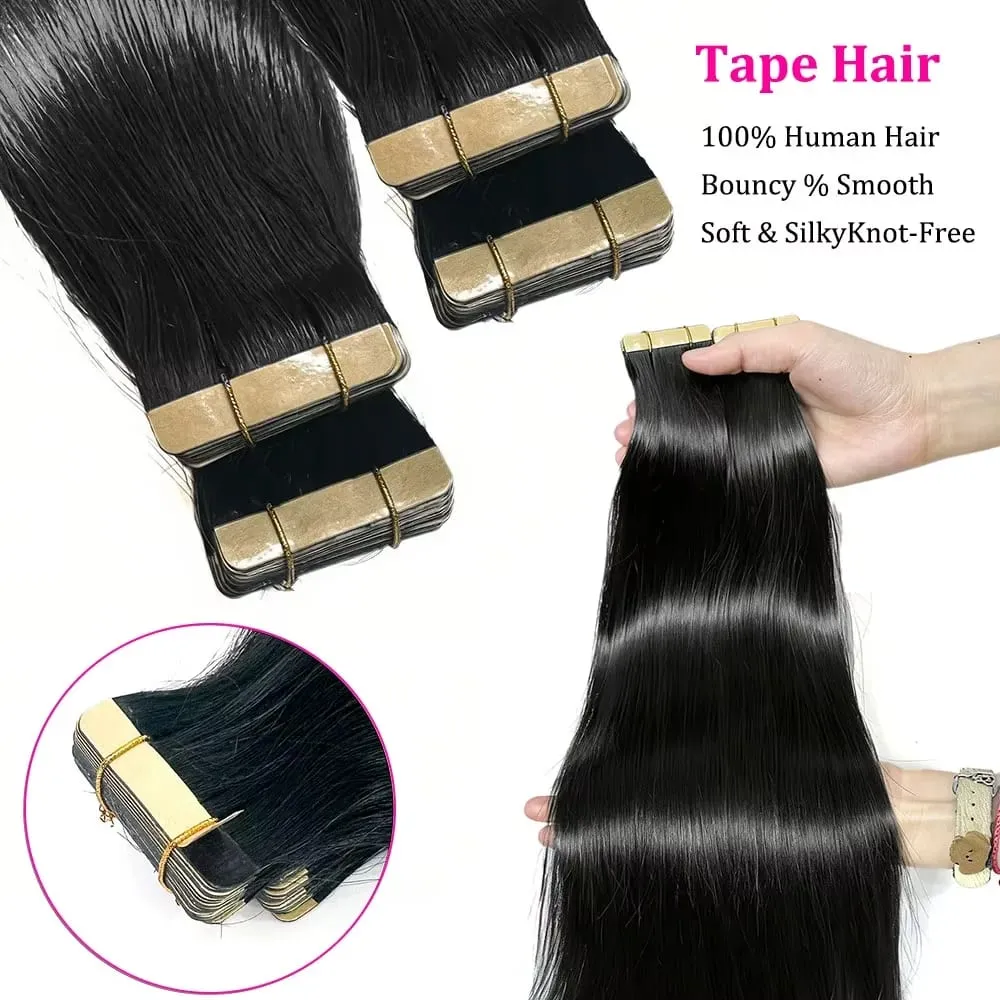 Tape In Hair Extensions Human Hair 16-24 Inch Seamless Invisible Remy Hair Extensions Tape Ins For Women Brazilian Natural Black 21Pcs 50g 100% Human Hair