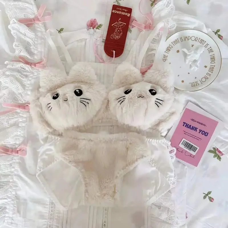 Japanse Kawaii Pluche Vrouwen Bh Set Schattig Meisje Kat Comfortabele Bh Set Cartoon Ondergoed Mooie Zachte Student Lingerie