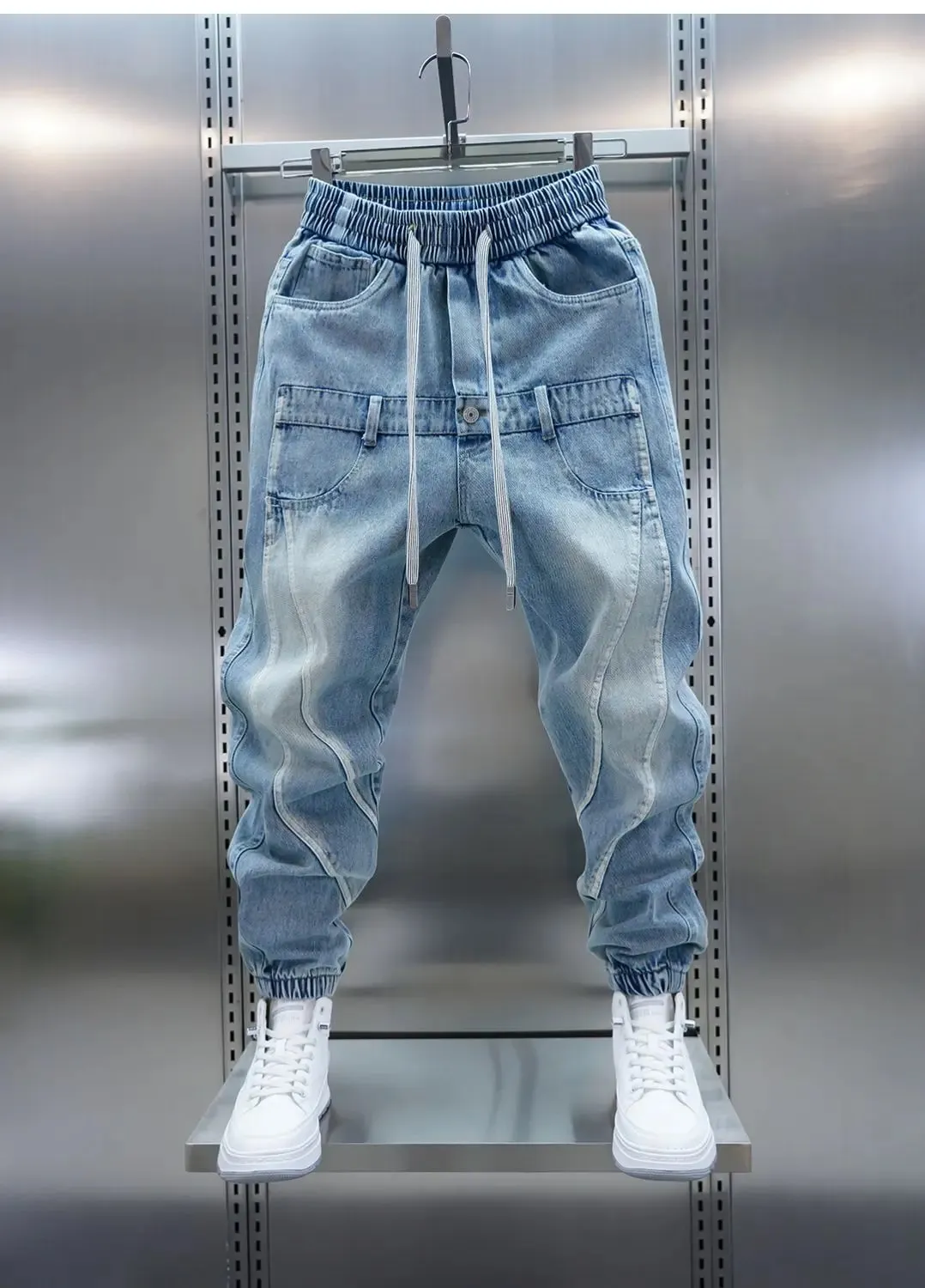 2026 Light Blue Gradient Harem Jeans Outdoor Casual Loose Fit Long Trousers Brand Men's Clothing