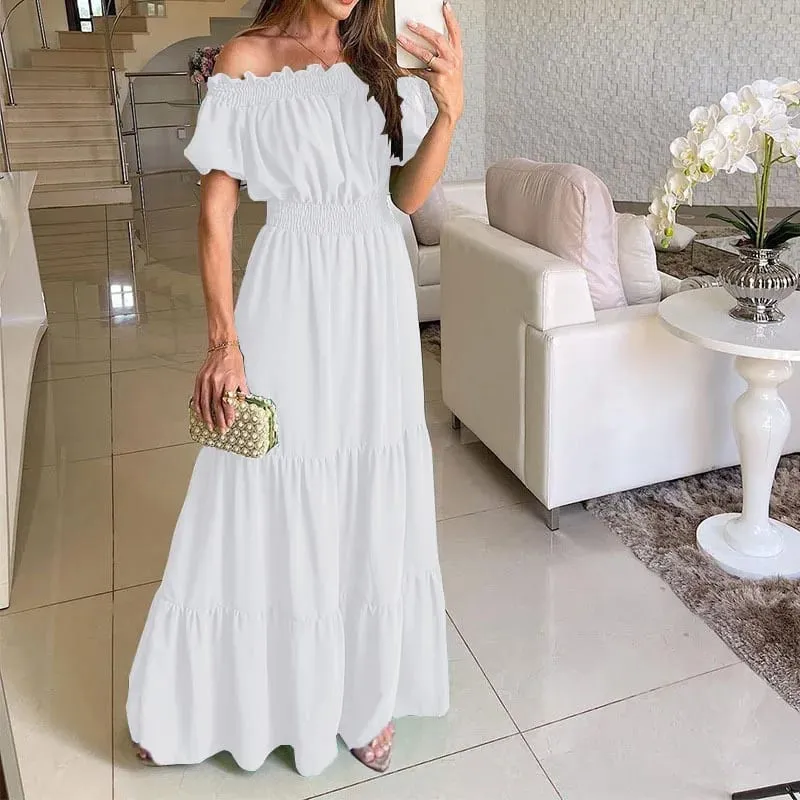 2025 Summer Solid Boho Dress Women Fashion Elegant Beach Party Dress Casual Slash Neck Office Maxi Dresses For Woman Robe Femme