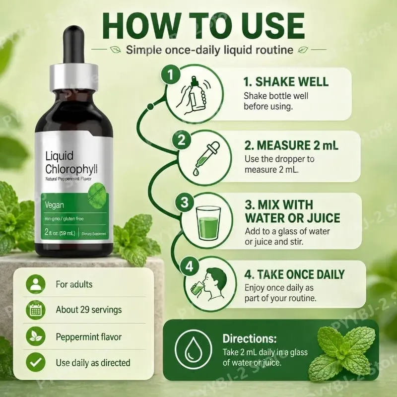 Chlorophyll Liquid Drops Mint Flavor 59ml with Herbal Plant Extract Natural Dietary Supplement Mix with Water for Consumption