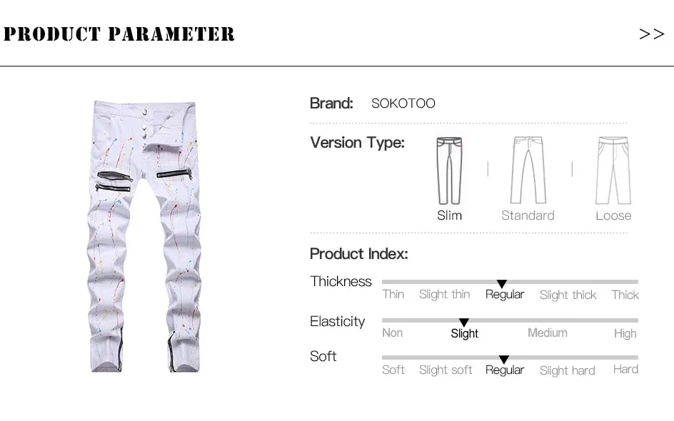 Men Painted Stretch Denim Jeans Zippers Buttons Fly Biker Pants Streetwear White Slim Tapered Trousers