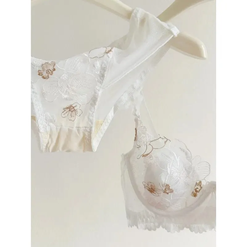 Lace Floral French Bra Set Soft Underwire Ultra Thin Bunny Cup Plus Size Minimizer Bra Sexy Lingerie Set For Women Daily Wear