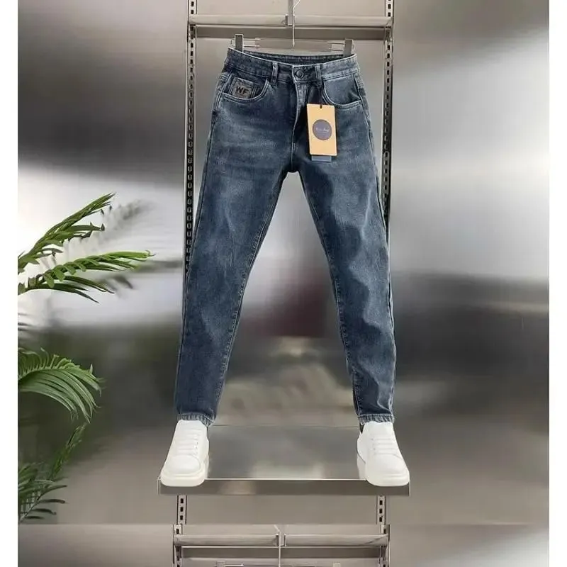 New Men's Jeans Slim-fitting Small Feet High-end Blue-gray Washed Casual Blue Long Slim Fit Work Stretch Cowboy Man Pants — image 4